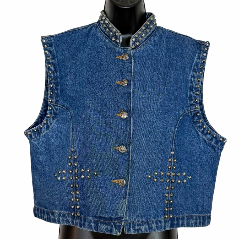 Vintage 90s Silver River Studded Denim Vest Womens XL Cross Concho Cowgirl Blue